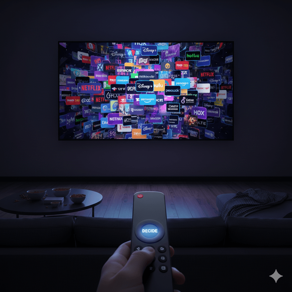 A collage of various streaming app icons on a smart TV screen representing content overload