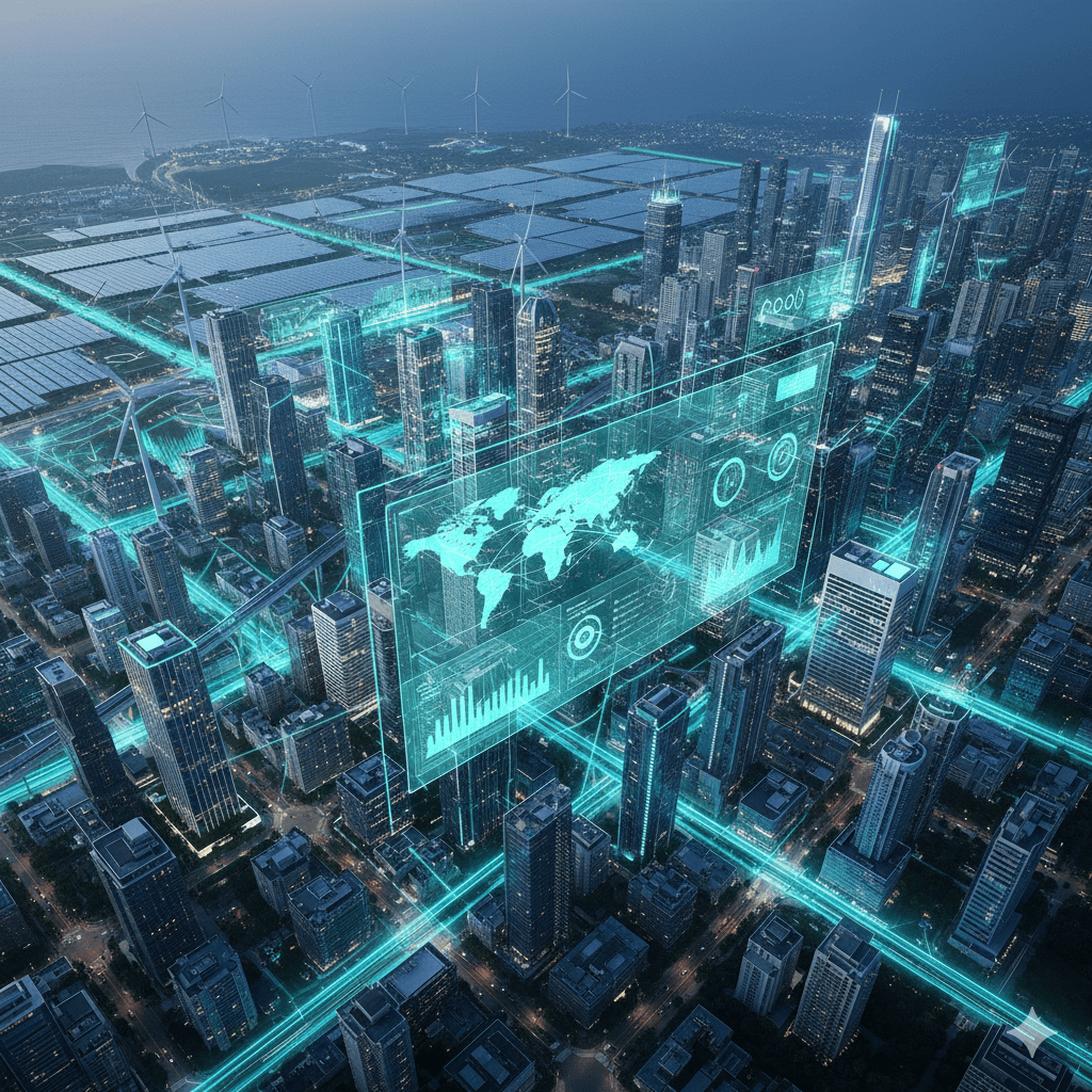 An AI-managed smart grid overlaying a futuristic city with renewable energy sources connected.png