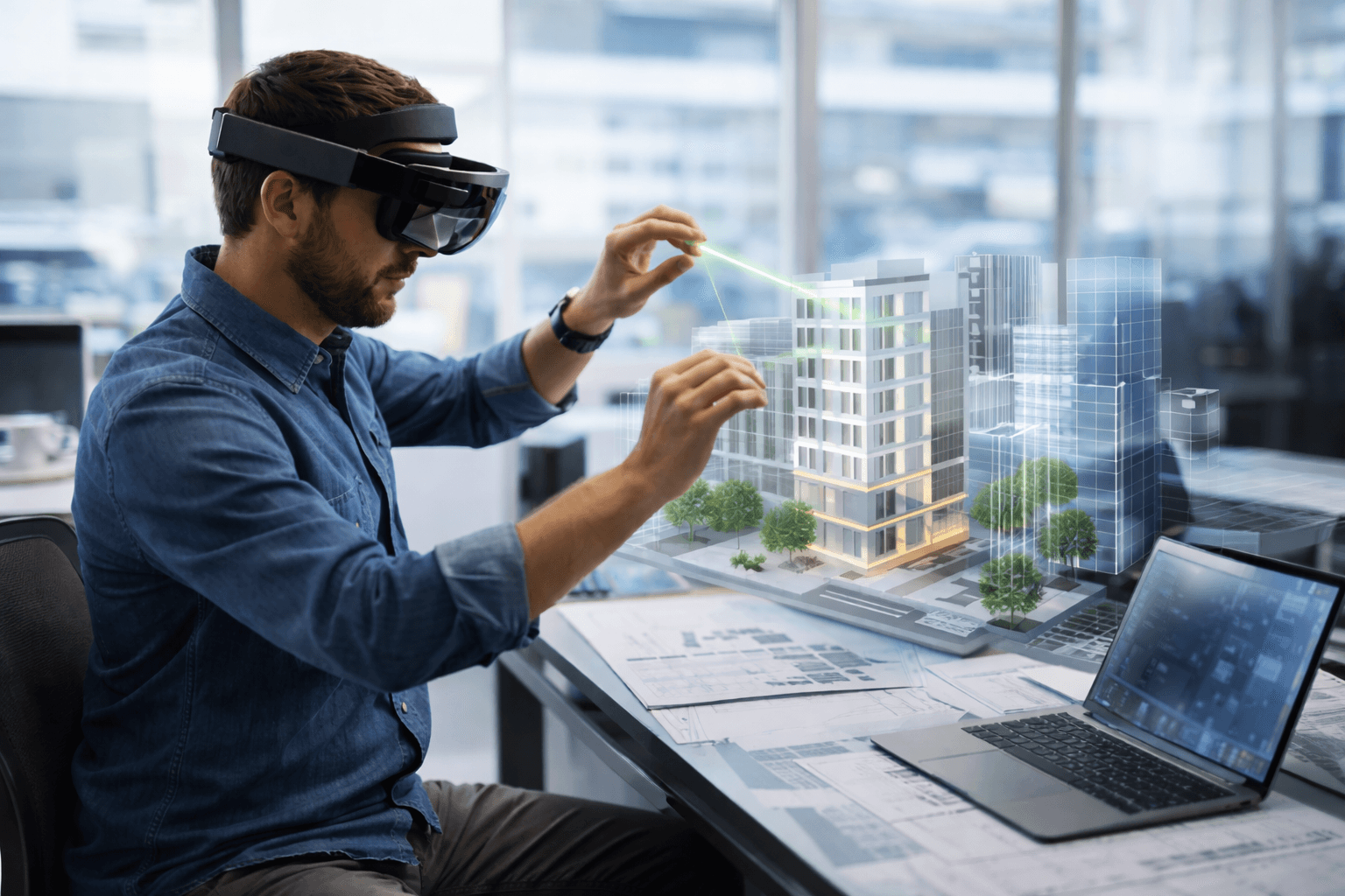 professional designer using an AR headset to manipulate 3D architectural models in a bright office