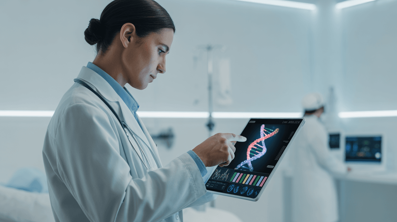 clinical-tech-scene-with-a-doctor-reviewing-a-DNA-helix