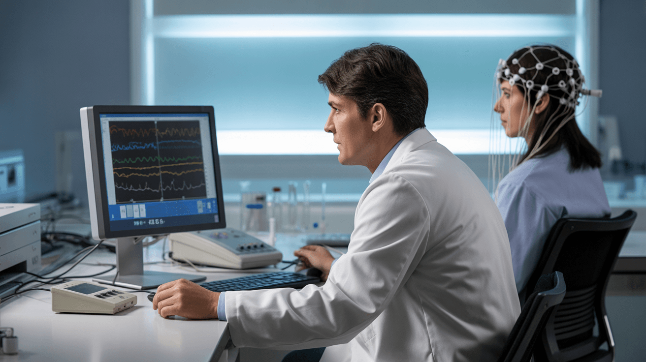 researcher-monitors-brainwave-signals-on-a-computer-screen