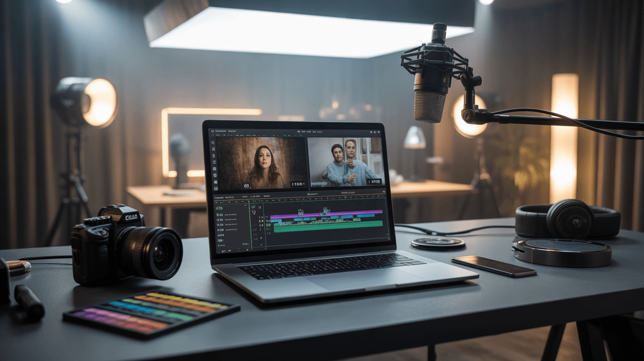 studio-desk-with-a-laptop-showing-an-AI-video-editing