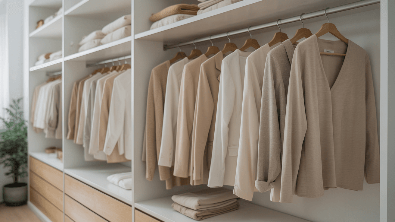 wardrobe-with-neutral-toned-clothing-on-hangers